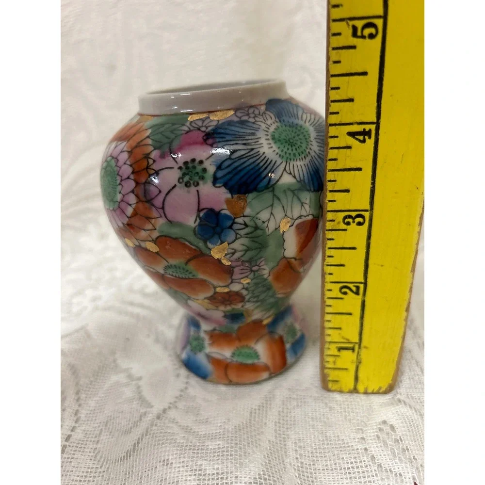 Vintage Millefleur Porcelain Bud Vase Thousand Flowers Gold Leaf 3.75 Inch